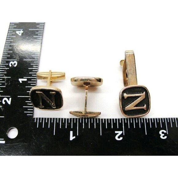 "N" Initial Cufflinks Set w Neck Tie Clip Pat No Black Gold Tone Tux Suit Vtg - Picture 4 of 7